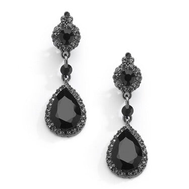 Jet Black Crystal Earrings with Teardrop Dangles - Chicago Bridal Store Company