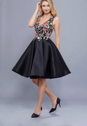BLACK FLORAL EMBROIDERED SHORT V NECK DRESS - Chicago Bridal Store Company